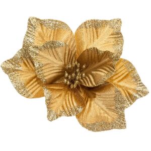 Floare decorativa Craciun poinsettia, cu clip fixare, 24x11 cm, auriu 146155748 - Decorațiuni pentru pomul de Crăciun
