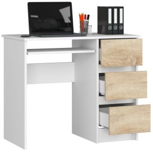 Birou computer cu 3 sertare si raft pentru tastatura, dreapta, 90x50x77 cm, alb si stejar sonoma 146156155 - Birouri