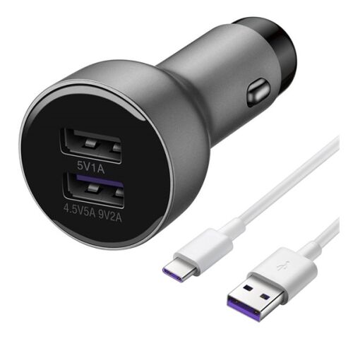 HUAWEI autós töltő 2 USB aljzat 5V/5.5A gyorstöltő + Type-C kábel SZÜRKE