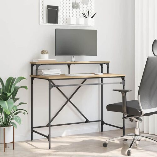 vidaXL Artisan tölgy számítógépasztal 100x50x90cm monitor polccal és fekete fém vázzal - Számítógépasztal