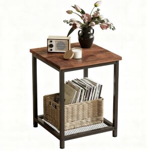 Négyszögletes kisasztal polccal, retro vintage loft stílusban, 55 cm