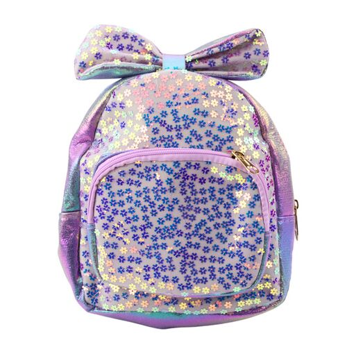 Gyermek hátizsák flitteres virágos masni lila 22cm 2.8L – 22282