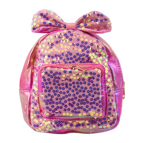 Gyermek hátizsák flitterekkel, virágokkal, masnival, rózsaszín, 22cm, 2.8L – 22284