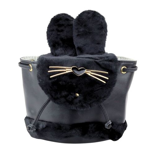 Gyerek hátizsák plüss fülekkel, állítható pánttal, fekete, 22 cm, 4 literes– 22292