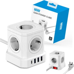 NEWELL GaN Power Cube 9 in 1 töltő / hosszabító, 9 készülékhez, 5 konnektor + 3 USB-A port + 1 USB-C port, 4000W, fehér (NL4385) 146220514 - Newell
