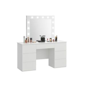 Masa de toaleta si machiaj, cu oglinda LED si 7 sertare, 132x43x152 cm, alb