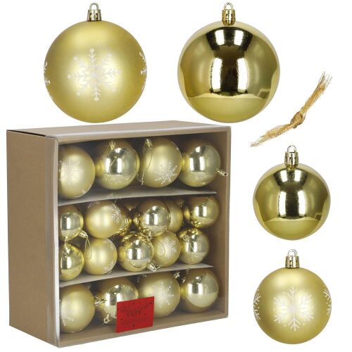 Karácsonyi gömbdísz 36 darabos készlet dobozban, arany karácsonyfadíszek
