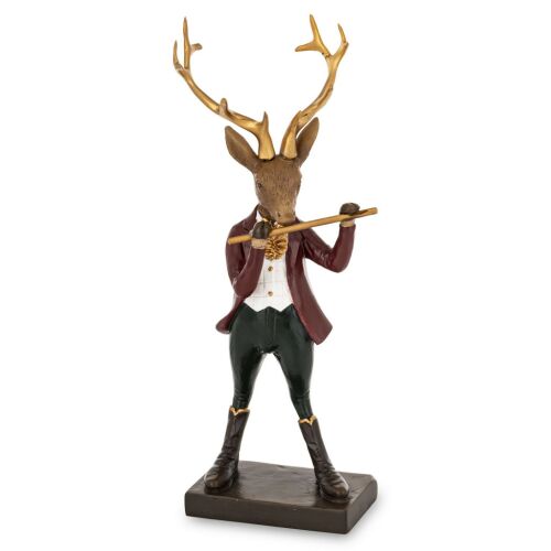 Szarvas figura furulyával, műgyanta szarvas dísz, dekoratív szarvas figura 