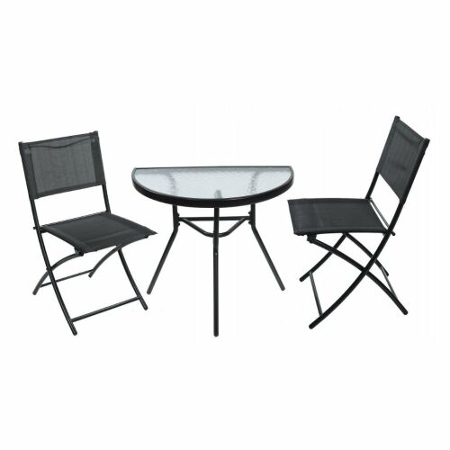 Jumi 3-teiliges Gartenmöbelset – halbrunder Tisch mit Glasplatte und 2 Klappstühle 146281870