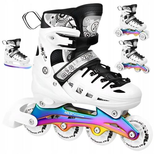 NH10905 4w1 Wrotki LED Białe z Wymienną Płożą Hokejową Rainbow Rozm. L(39-42) NILS Extreme 146324323