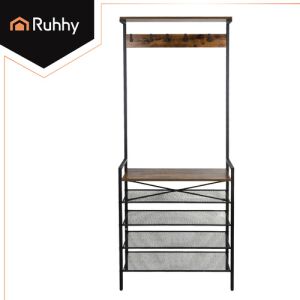 Ruhhy fém előszobabútor cipőtárolóval és akasztóval, 183,5x31,5x68cm - fekete 146325411 - Előszoba garnitúra