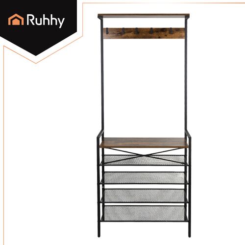 Ruhhy fém előszobabútor cipőtárolóval és akasztóval, 183,5x31,5x68cm - fekete 146325411