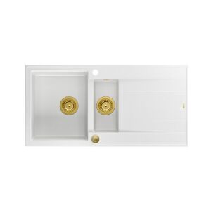 Chiuveta EVAN 156 GraniteQ cu sifon Push To Open 1,5 vas fara (1000x500x210; celula. 420x480) alb ca zapada / elemente aurii 146329210 - Chiuvete de bucătărie