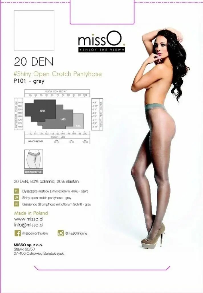 MissO P101 Rajstopy z wycięciem szare S/M eleganckie połyskujące