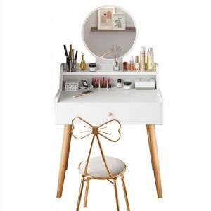 Măsuță de toaletă modernă, albă, în stil loft, cu oglindă și scaun, perfectă pentru machiaj și rutine de înfrumusețare. - Fodym