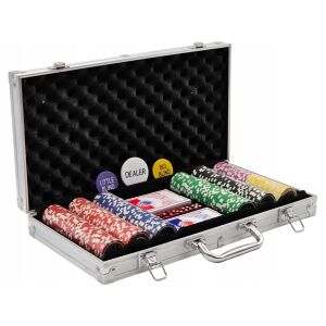 PRÉMIUM PÓKER KÉSZLET 300 ZSETON 2 CSOMAG KÁRTYA + KOCKA + TOK