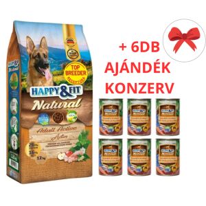 Happy&Fit Natural Adult Active (Top Breeder) XL 12kg + AJÁNDÉK 6 DB x 400gr-os Happy Fit Kacsa-Sonka-Sütőtök konerv