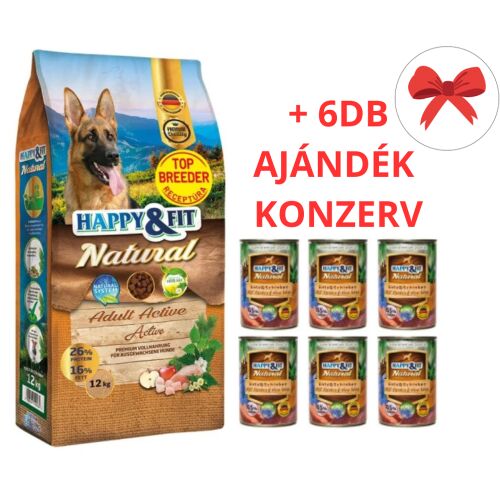 Happy&Fit Natural Adult Active (Top Breeder) XL 12kg + AJÁNDÉK 6 DB x 400gr-os Happy Fit Kacsa-Sonka-Sütőtök konerv