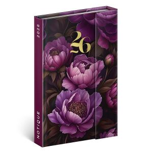 Határidőnapló mágnessel záródó REALSYSTEM 110x160mm heti sárga lapos Purple flowers 2026. 146493864 - REALSYSTEM