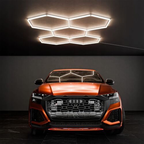 Hexagon LED hatszögletű mennyezeti panel lámpa világítás garázsműhelyhez 298x209cm 4000K 146518935