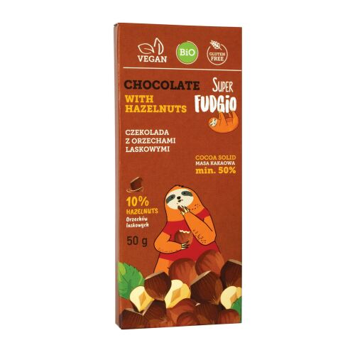 Super Fudgio bio mogyorós csokoládé, 50g, vegán és gluténmentes 