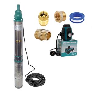 Kit Pompa submersibila de mare adancime, DDT, QJD120-1.5, 1500 W, Inox, 8 turbine, apa curata + Presostat electronic inteligent digital reglabil DDT + accesorii 146565461 - Irigare