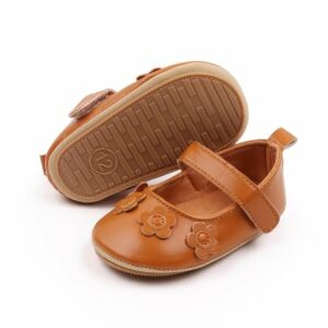 Pantofiori bebelusi maro din piele ecologica cu flori aplicate, 6-9 luni (Marimea 19 incaltaminte) 146568819 - Pantofi pentru copii