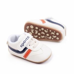Adidasi bebelusi, albi cu detalii albastre si portocalii, 3-6 luni (Marimea 18 incaltaminte) 146570011 - Pantofi pentru copii