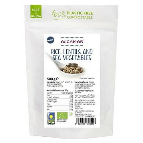 Algamar Bio Rizs, Lencse és Tengeri Zöldség Keverék, 500g, egészséges és fenntartható étkezési lehetőség - Rizs