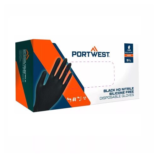 Portwest 100db 10/XL egyszerhasználatos fekete nitril kesztyű, púdermentes, A930 Orange HD