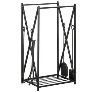 HOMCOM Suport pentru Lemne din Oțel, Suport pentru Lemne pentru Șemineu cu Vatrai, Perie și Clește, 46x30x76 cm, Negru 146605657 - Șemineu și sobă
