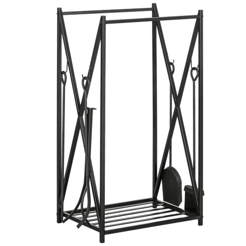 HOMCOM Acél Fatörzstartó, Kandalló Fatörzstartó Tűzifával, Kefével és Csipesszel, 46x30x76 cm, Fekete