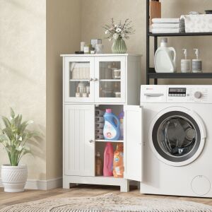 kleankin Dulap pentru Baie cu 2 Dulapuri cu Uși din Sticlă și Raft Reglabil, Alb 146607333 - Dulap de baie și Capace de toaleta/WC