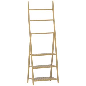 HOMCOM Raft de Baie Pliabil pentru Prosoape cu 3 Rafturi și 3 Bare,  53,5x30x153 cm, Lemn Natural