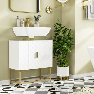 Bathroom Mirror Cabinet Under Sink Storage Cabinet Basin Cupboard with 2 Doors and Gold Steel Legs 146608570 - Dulap de baie și Capace de toaleta/WC