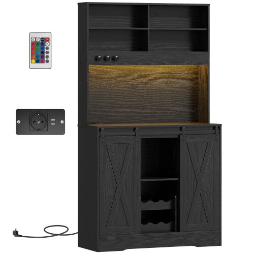 HOMCOM Bufet de Bucătărie cu Suport pentru Sticle, Priză și Iluminare LED, Negru 146608750