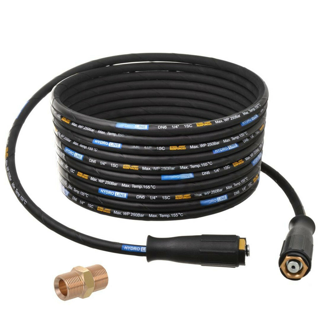 Furtun de înaltă presiune, împletit din oțel premium, rezistent la căldură, 10 metri - cu conectori M22-M22 + adaptor M22 (Versiune: Tip K) pentru mașini de spălat cu înaltă presiune Karcher