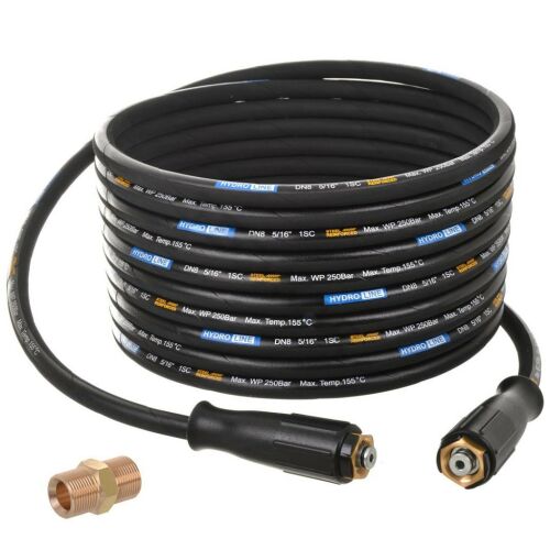 Premium acélfonatos, hőálló magasnyomású tömlő 10 méter DN8 M22-M22 csatlakozókkal + M22 toldó adapterrel (Kivitel: K Típus) Karcher és Kranzle magasnyomású mosókhoz