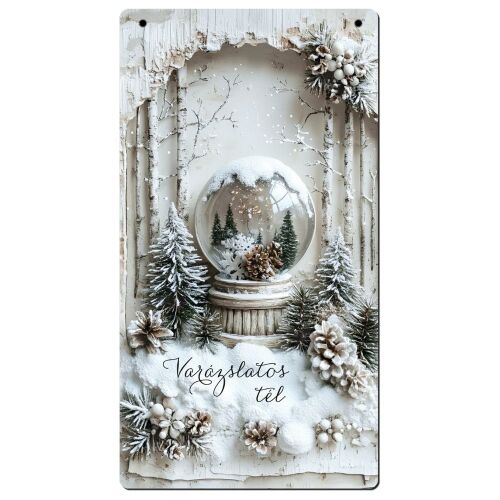 Nyomtatott fa tábla - Vintage fehér téma - hógömb 13x24,3cm