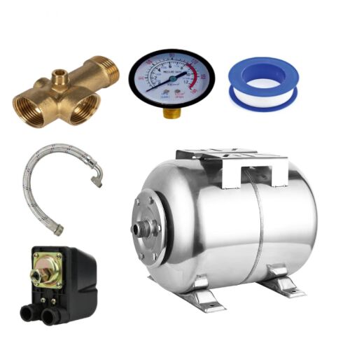 Vízpumpa tartozékkészlet, 50 literes rozsdamentes acél DDT tágulási tartály, nyomáskapcsoló, manométer, 5 utas bronz csatlakozó, rozsdamentes acél csatlakozótömlő 60 cm-es könyökkel