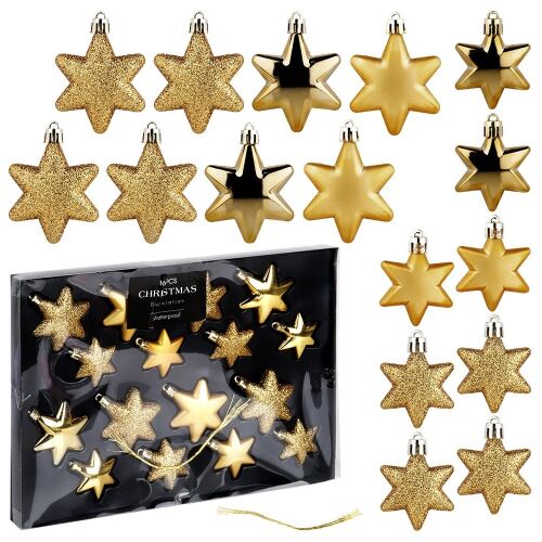 Törhetetlen karácsonyfadíszek, arany csillagok, 6/5 cm, 16 db.
