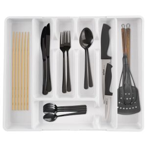 Evőeszköztartó fiókbetét, kihúzható, fehér, 36,5x27,5-44 cm