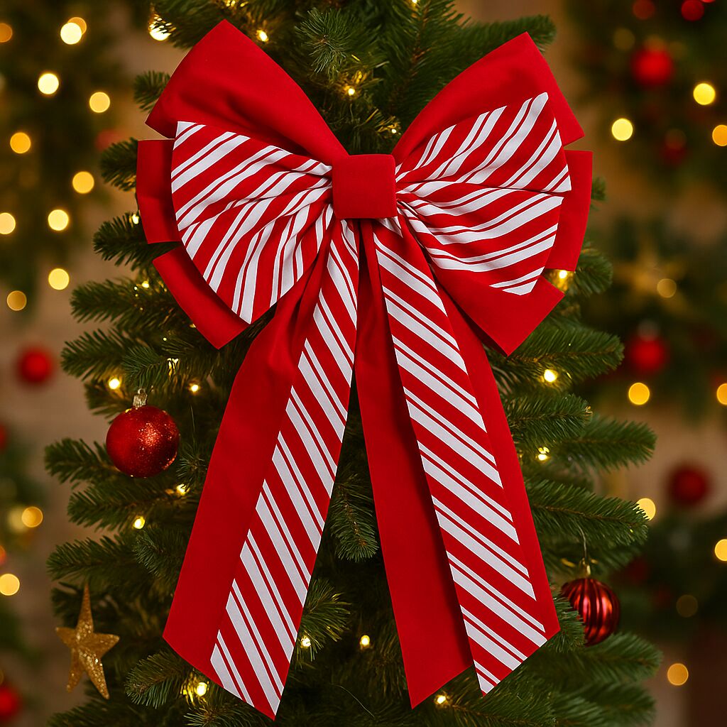 Dekoratívna mašľa na vianočný stromček, 40x60 cm, s červenými a bielymi pruhmi