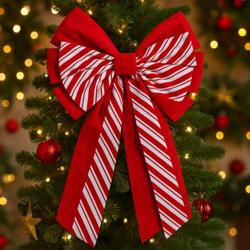 Dekoratív karácsonyfa masni, 40x60 cm, piros és fehér csíkokkal 146686335