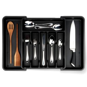 Fekete kihúzható evőeszköztartó fiókbetét 33-56,5x37,5 cm