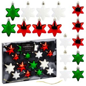 Törhetetlen karácsonyi gömbdíszek csillagok piros zöld fehér 6/5 cm 16 db. 146695428 - Szezonális dekoráció