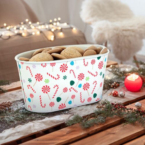 Karácsonyi fém kosár - cukorbot mintás - 19 x 11,5 x 9,5 cm (59722C) 146699673