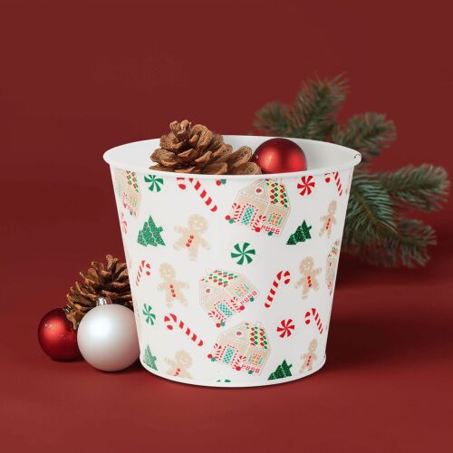 Karácsonyi dekoráció - fém kaspó, vödör - házikó - 13 x 11 cm (59733B) 146700251