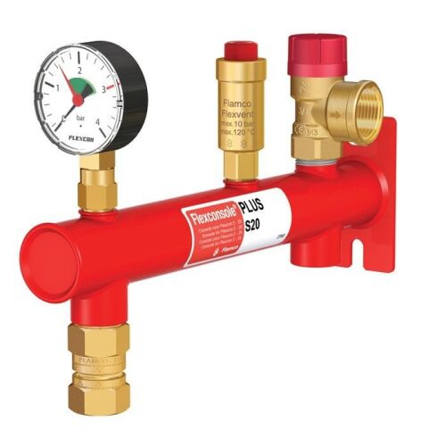 FLEXCONSOLE PLUS központi fűtési tágulási tartály konzol 3 bar-os biztonsági szeleppel, nyomásmérővel és Flexfast gyorscsatlakozóval, GW 3/4 hüvelykes csatlakozásokkal 146705709
