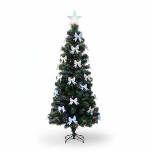 Műfenyő optikai szálakkal és szalagokkal, 180 cm, csillag, többszínű fények, fém állvány